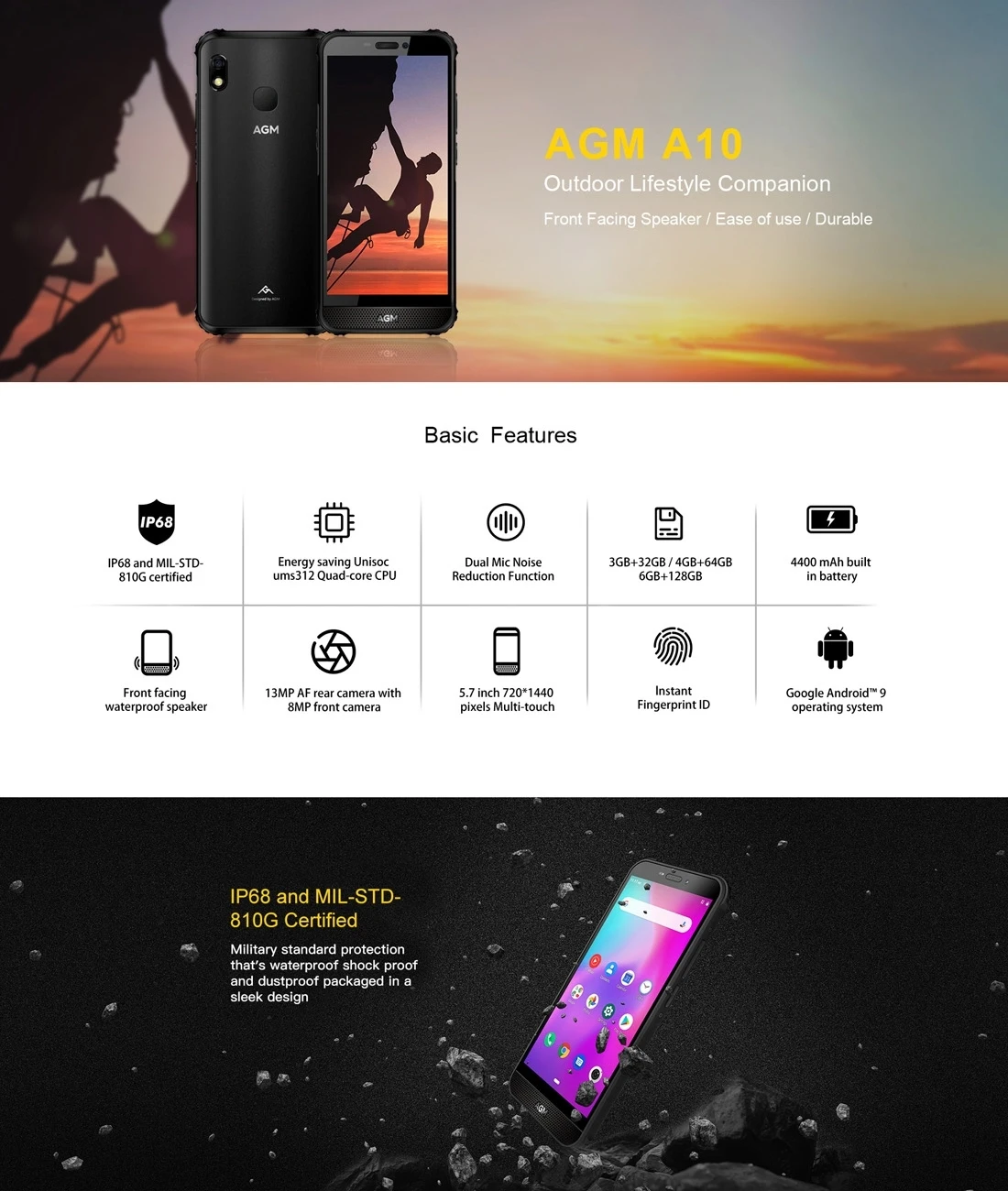 AGM A10 Rugged Phone 4GB 64GB Fingerprint ID 4400mAh Battery 5.7" Android 9.0 Unisoc ums312 (T310) Quad Core 4G NFC Smartphone |