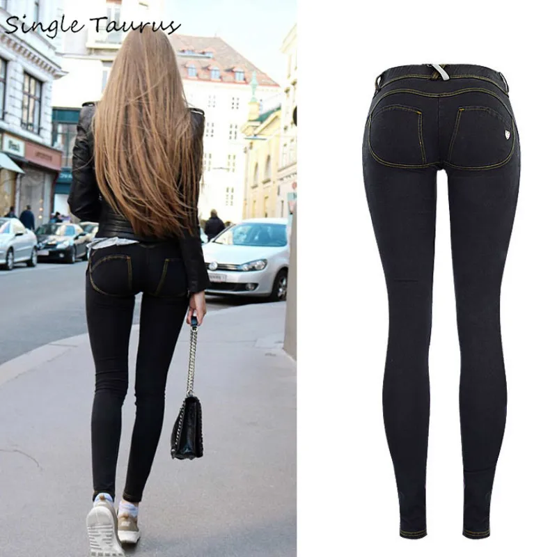 Женские джинсовые брюки с эффектом пуш ап черные облегающие карандаш заниженной