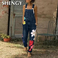 2021 new women jumpsuits lady flower printed bib pants jumpsuits womens fashion denim bib pants sexy long rompers overalls