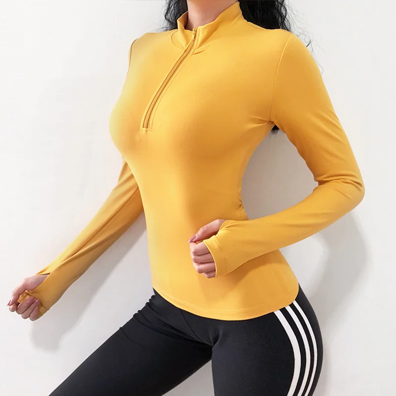ASHEYWR Women Top Yoga Sport Shirts Zipper V Neck Long Sleeve High ElasticTops Solid Breathable Gym Sportwear Yoga Clothes