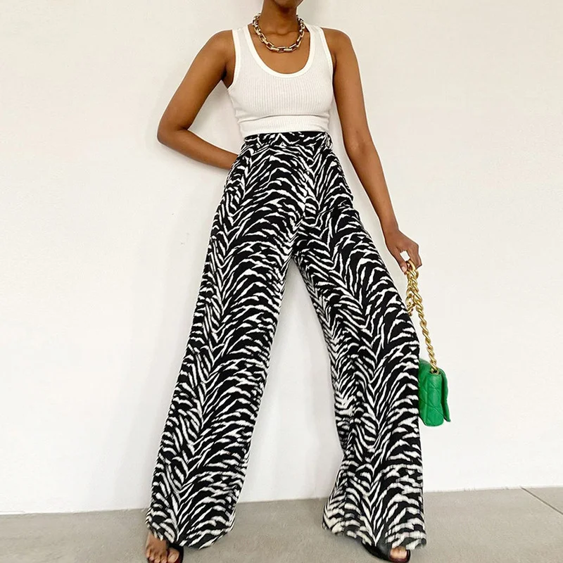 

Chiffon Leopard Print Loose Zebra Women Trousers Summer Street Style High Waist Wide Leg Pants Casual Thin Zipper Pants Women