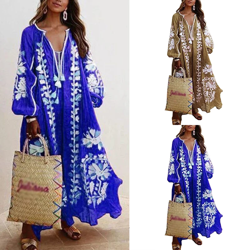 

Женское богемное платье с V-образным вырезом и длинным рукавом, женское платье с цветочным принтом, Пляжная тонкая Свободная юбка, модная дл...