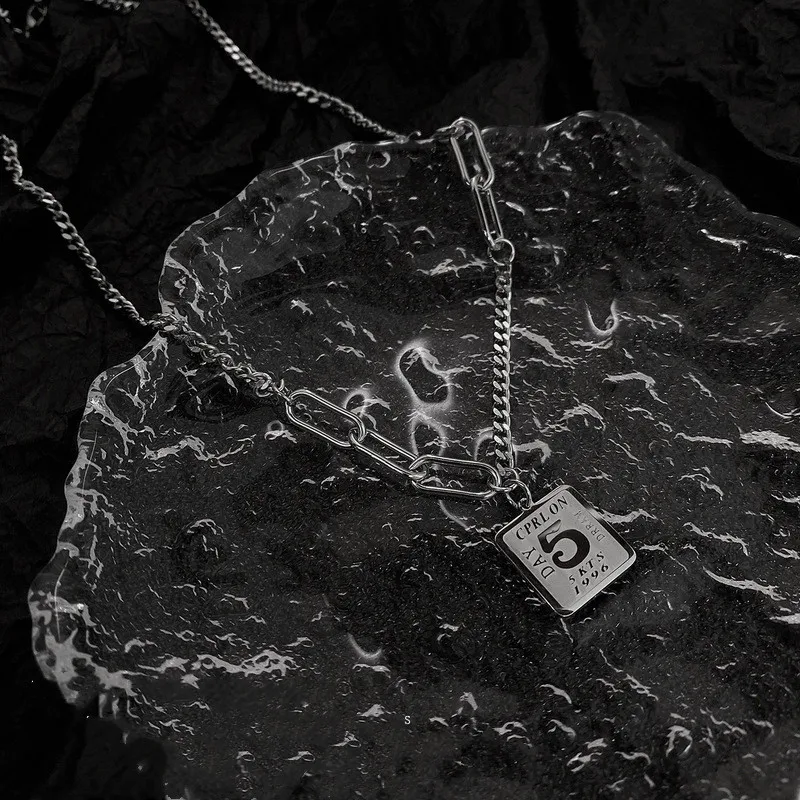 

POTCET Unisex Stainless Steel Square Brand Number 5 Titanium Steel Necklace Pendant Geometric Fashion Hip Hop Party Jewelry
