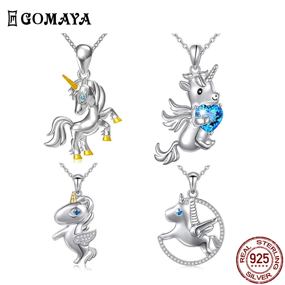 

Cute Unicorn Pendant Necklace For Women Cubic Zirconia 925 Sterling Silver Pony Animal Girl Necklace Fashion Jewelry Accessories