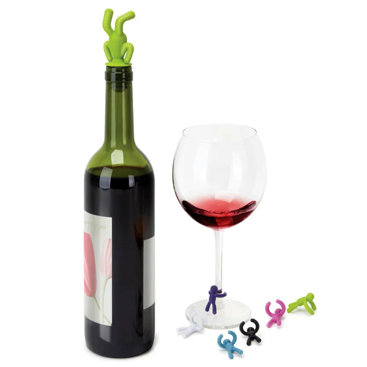 

Творческий Силиконовые перевернутый человека винный набор стопперов для бутылок маленькая чашка для вина идентификатор чашки отметка изы...