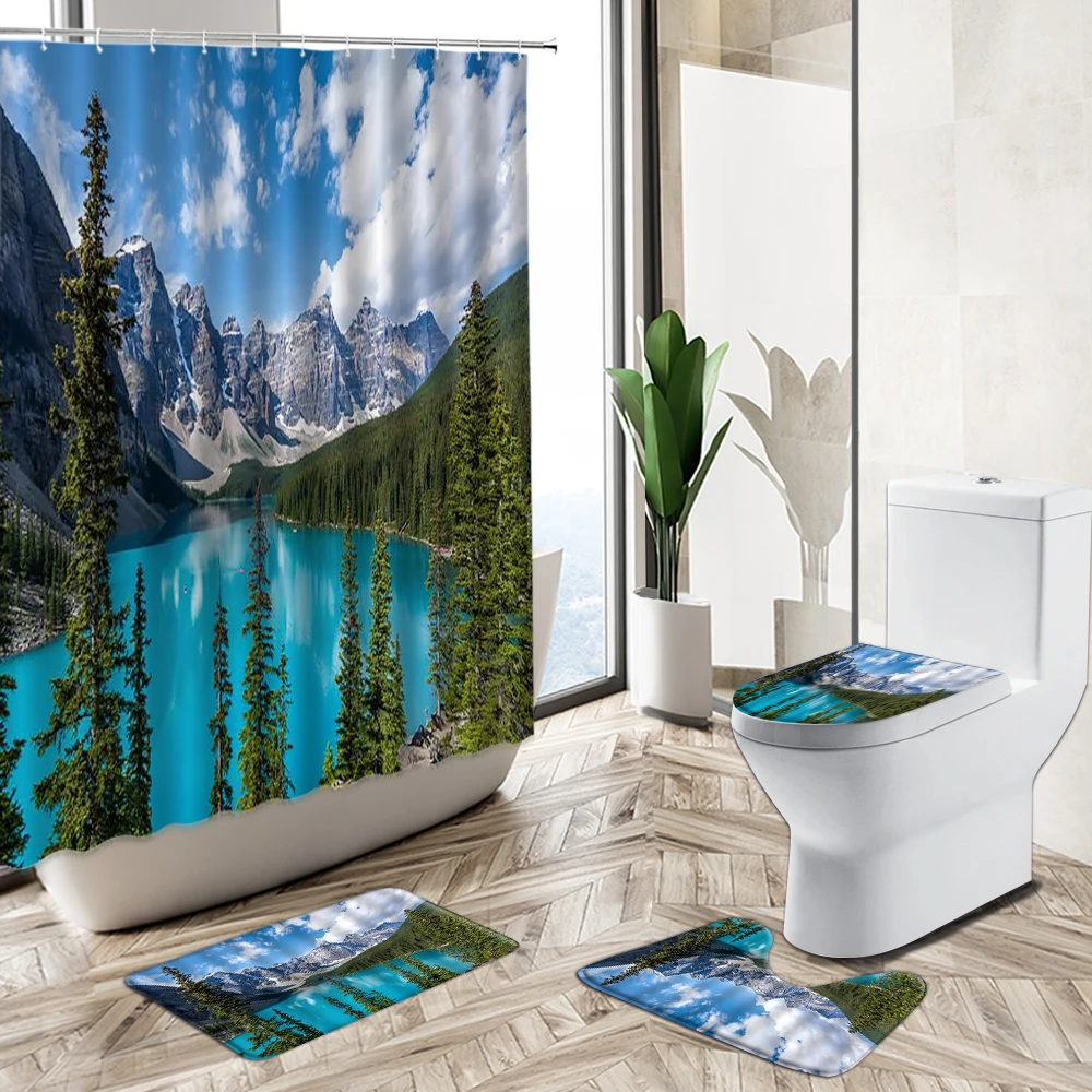

Landscape 3D Printing Shower Curtain Forest Lake Natural Scenery Home Decor Bath Mat Toilet Lid Cover Flannel Bathroom Carpet