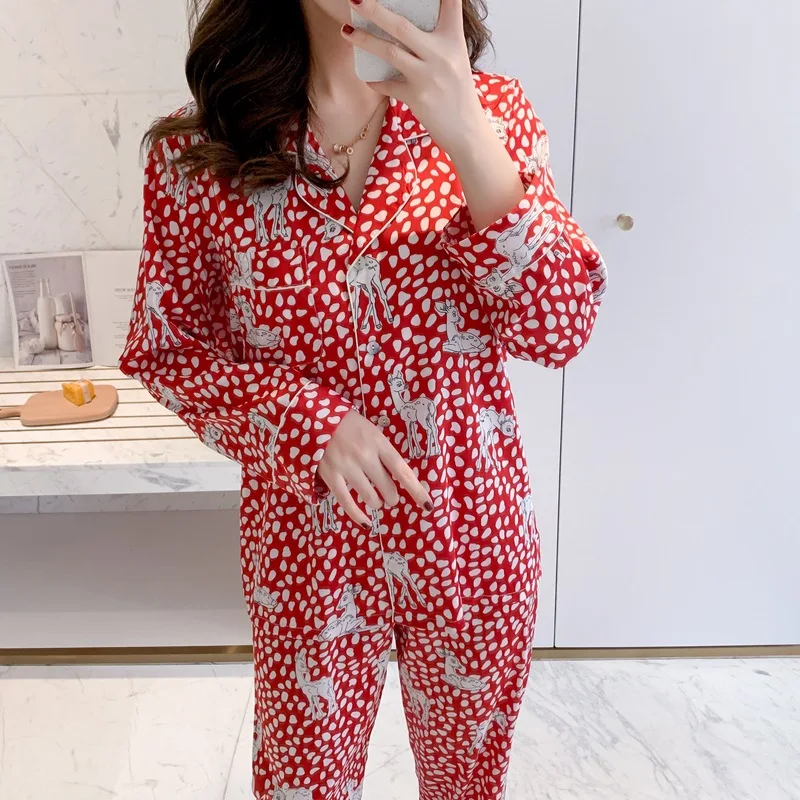 

Spring Summer Women Pajamas Set Cute Print Cartoon Sleepwear 2PCS Shirt&Pant Loose Casual Nightwear Silky Soft Home Clothes