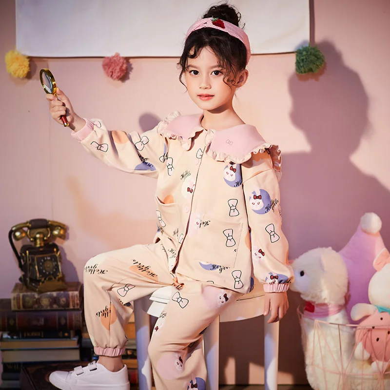 

Fashion Cartoon Print Pajamas For Girls Autumn Winter 100% Cotton Sleepwear 2-14y Kids Long Sleeve Turn Down Collar Homewear
