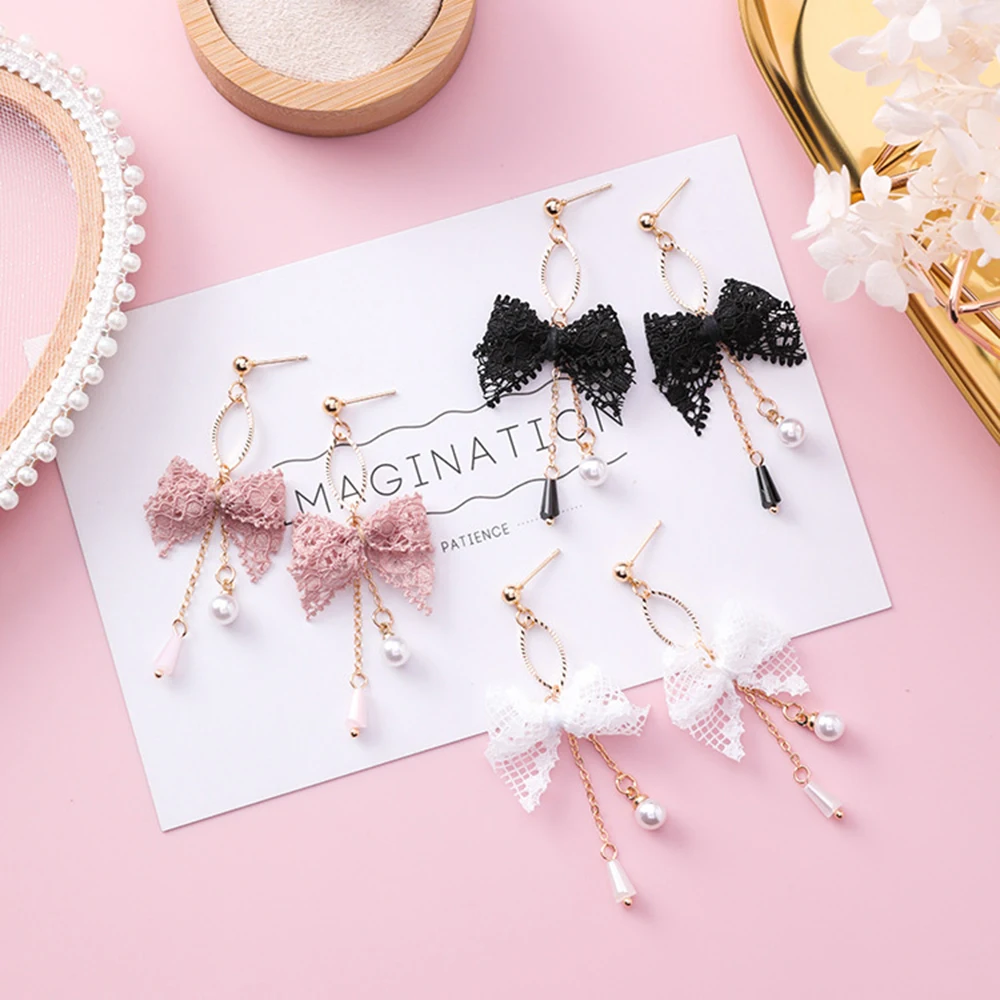 Милые серьги с кружевным бантом и кисточками модные элегантные длинные висячие