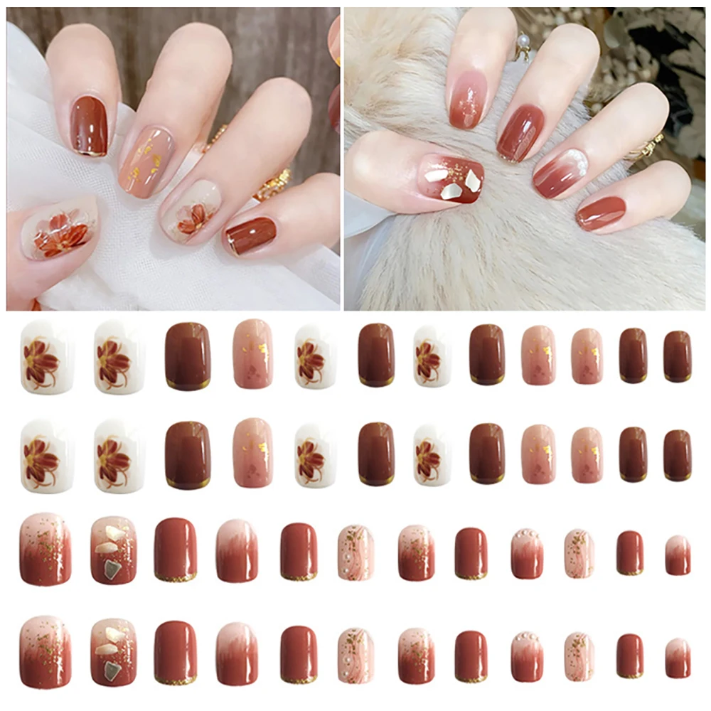 

24Pcs/box Kawaii False Nails Full Cover Detachable Short False Nails Shell Pearl Blooming Fake Nails With Jelly Glue DIY Nails