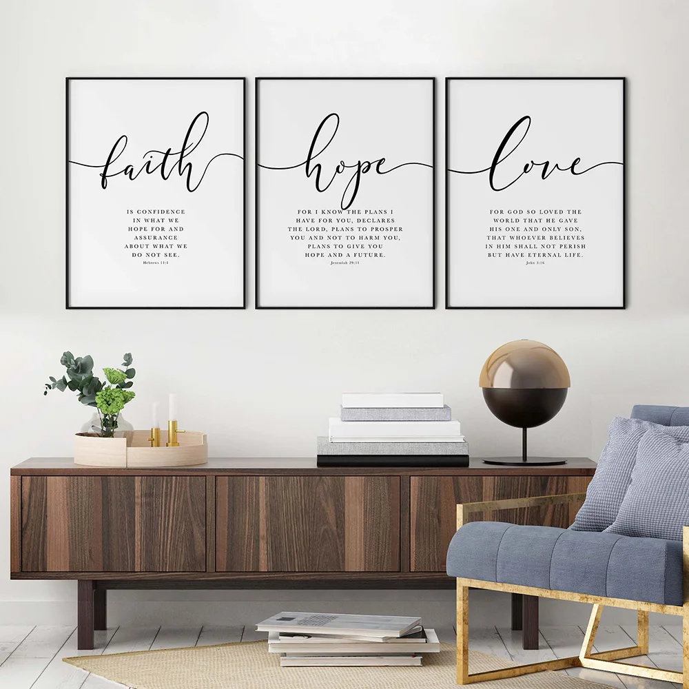 

Faith Hope Love Canvas Prints Picture Bible Verse Wall Art Christian Quote Posters and Prints Living Room Wall Decor Painting