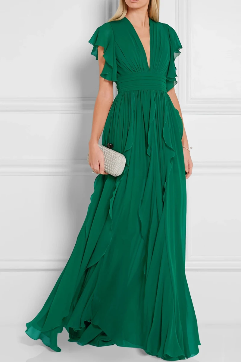 

Royal Sister Goddess Fan V-neck Dress Heavy Industry Ruffled Slim Dress Skirt High Sense of High Green Long Skirt Dress