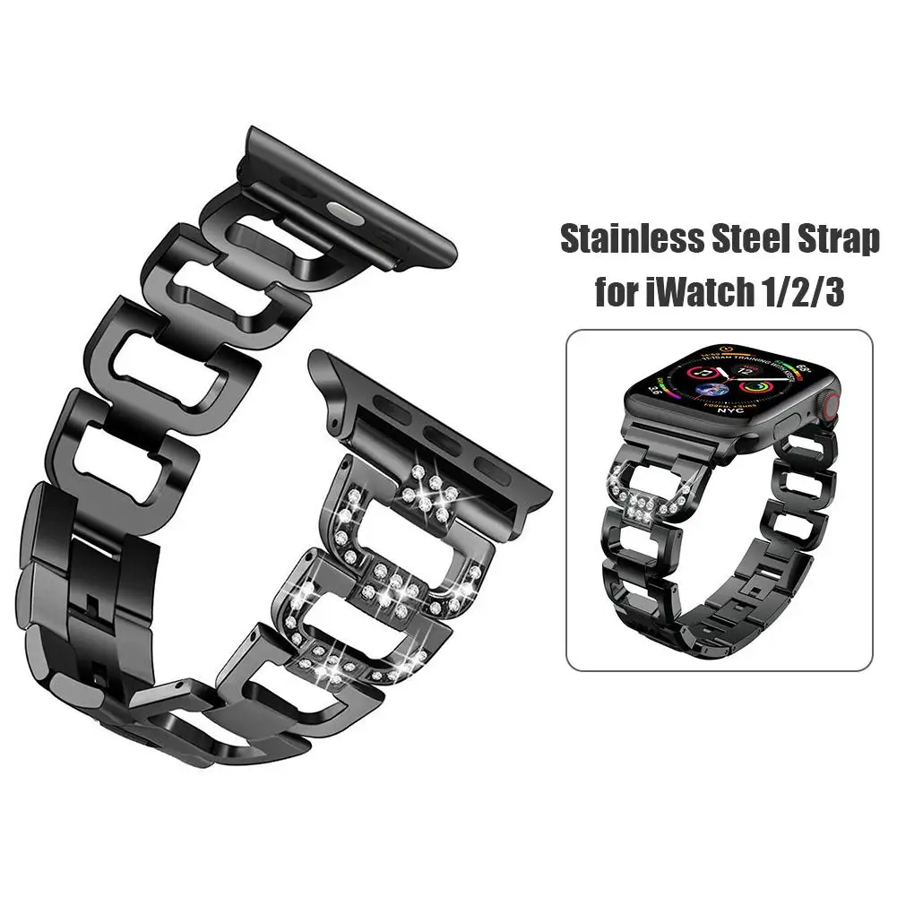 

44mm Stainless Steel Metal Strap Multistage Polishing Vacuum Chromium Plating D-Shaped Rhinestone Wristband for iWatch 4/5