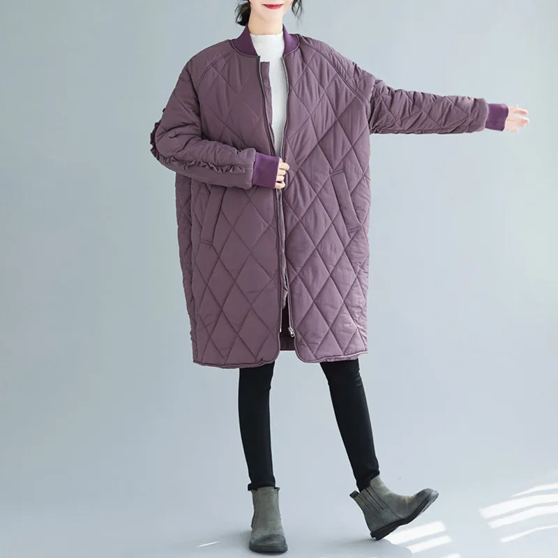 purple Ретро пуховик, хлопковая одежда, женские куртки, новинка, зимние, большие размеры, свободные, стеганые, с ромбовидной подкладкой, на молнии, длинная парка, пальто, N1092 - Цвет: purple