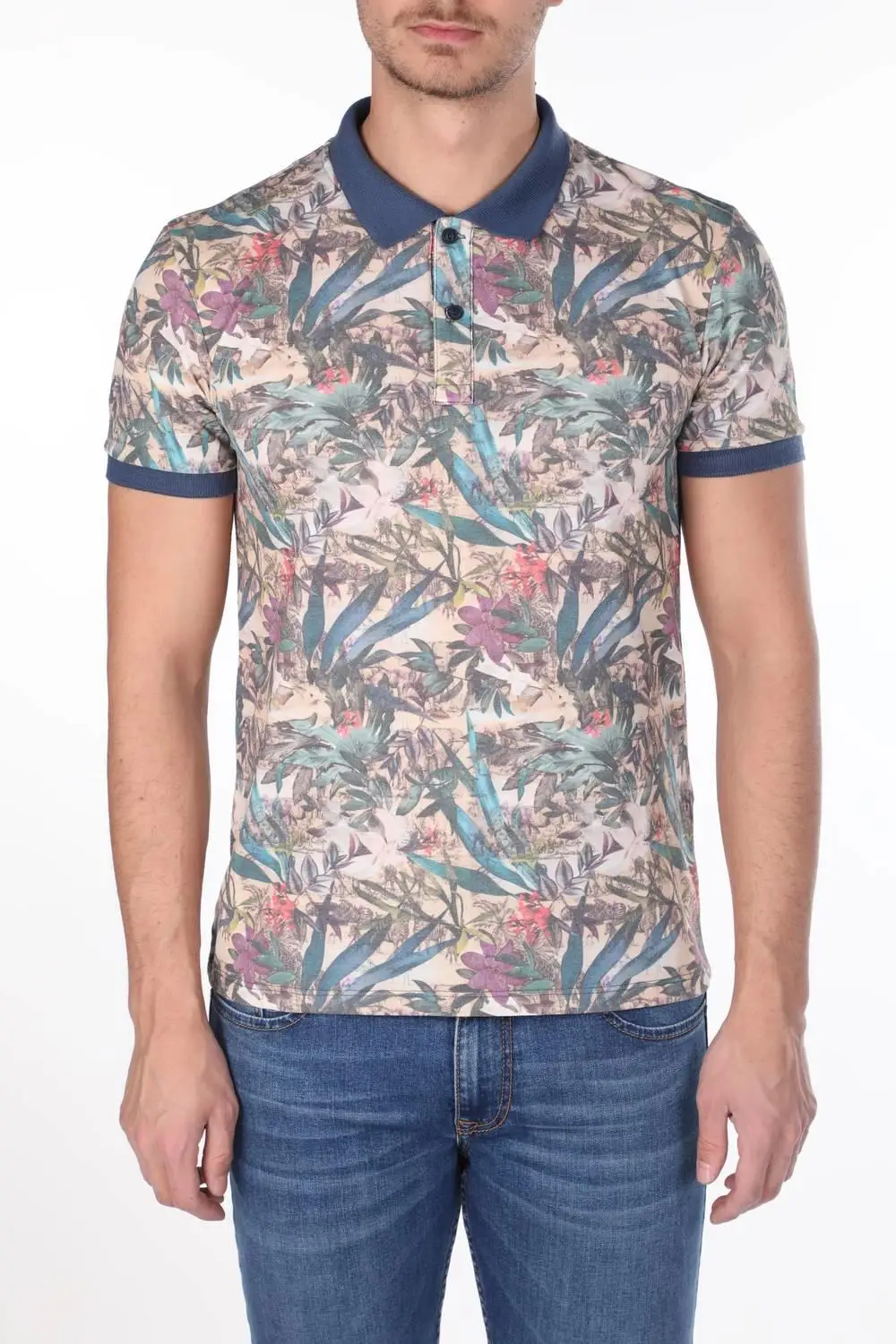 

Erkek Mavi iek Desenli Polo Yaka T-Shirt