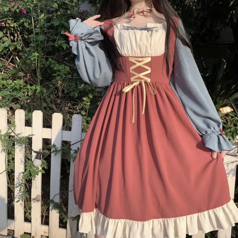 

Женское платье в стиле «лолита», милое винтажное платье с длинным рукавом в японском стиле, Бандажное платье составного кроя для вечевечерн...