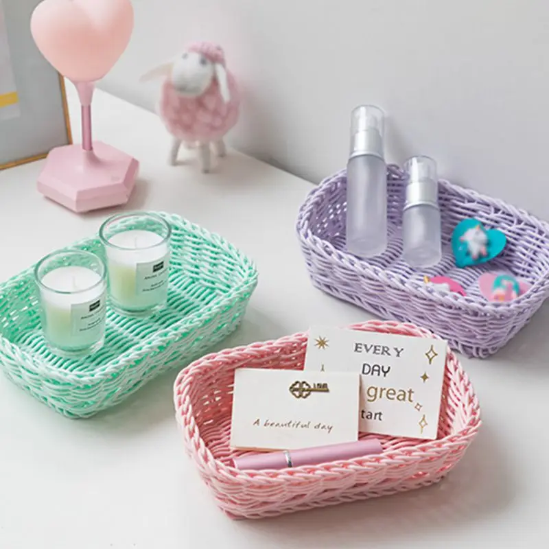

Ice Cream Macaron Color Storage Baskets Wicker Woven Storage Basket Bread Tray Serving For Food Cosmetic Basket Photo Props