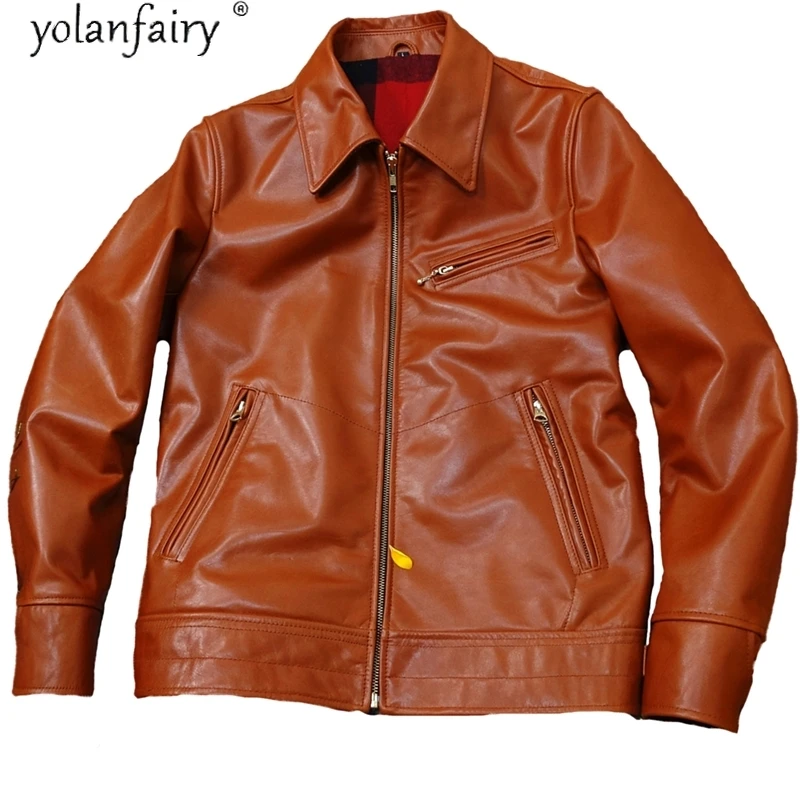 

Jacket Cow Leather Genuine Men Clothing High Quality Real Cowhide Leather Coat Brown Spring Autumn Chaqueta De Cuero Hombre KJ