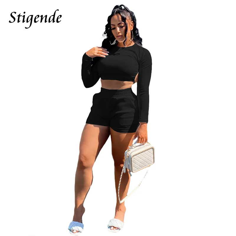 

Stigende Для женщин Bodycon спортивный костюм, комплект с шортами, пикантные туфли с низким вырезом на спине платье на завязках с длинным рукавом то...