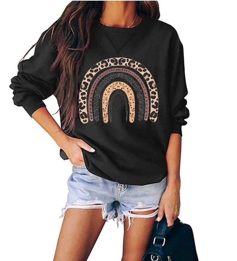 

Leopard Rainbow Printed Hoodies Women Fleece Long Sleeve O Neck Loose Sweatshirt Girls Women Hoodie Pullovers Winter