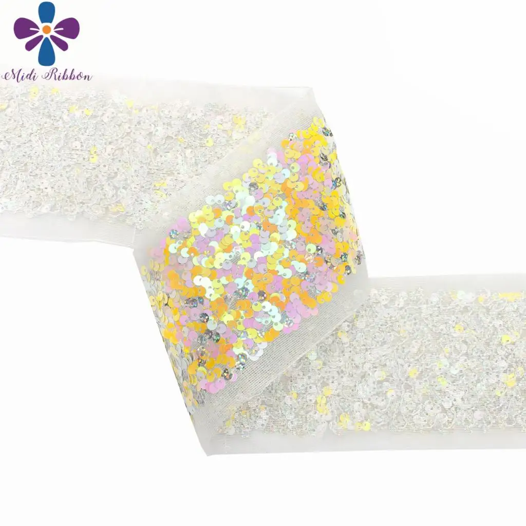 3&quot75mm Scatter Sequin Tape (Back Side with Tulle 9.5cm Width Added 1cm Edge) 25.5yards/Pack (3*8.5y/roll) DIY Hairbow Neon Pink | Дом и