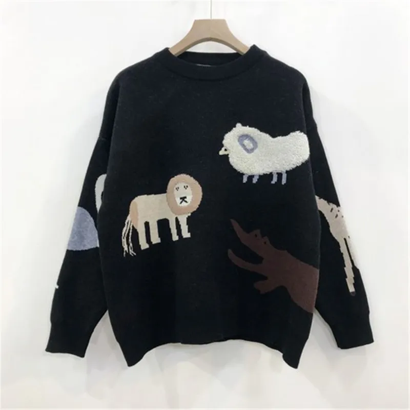 Новинка 2019 свитер женский Осень-зима корейский свободный Ins черный с рисунком