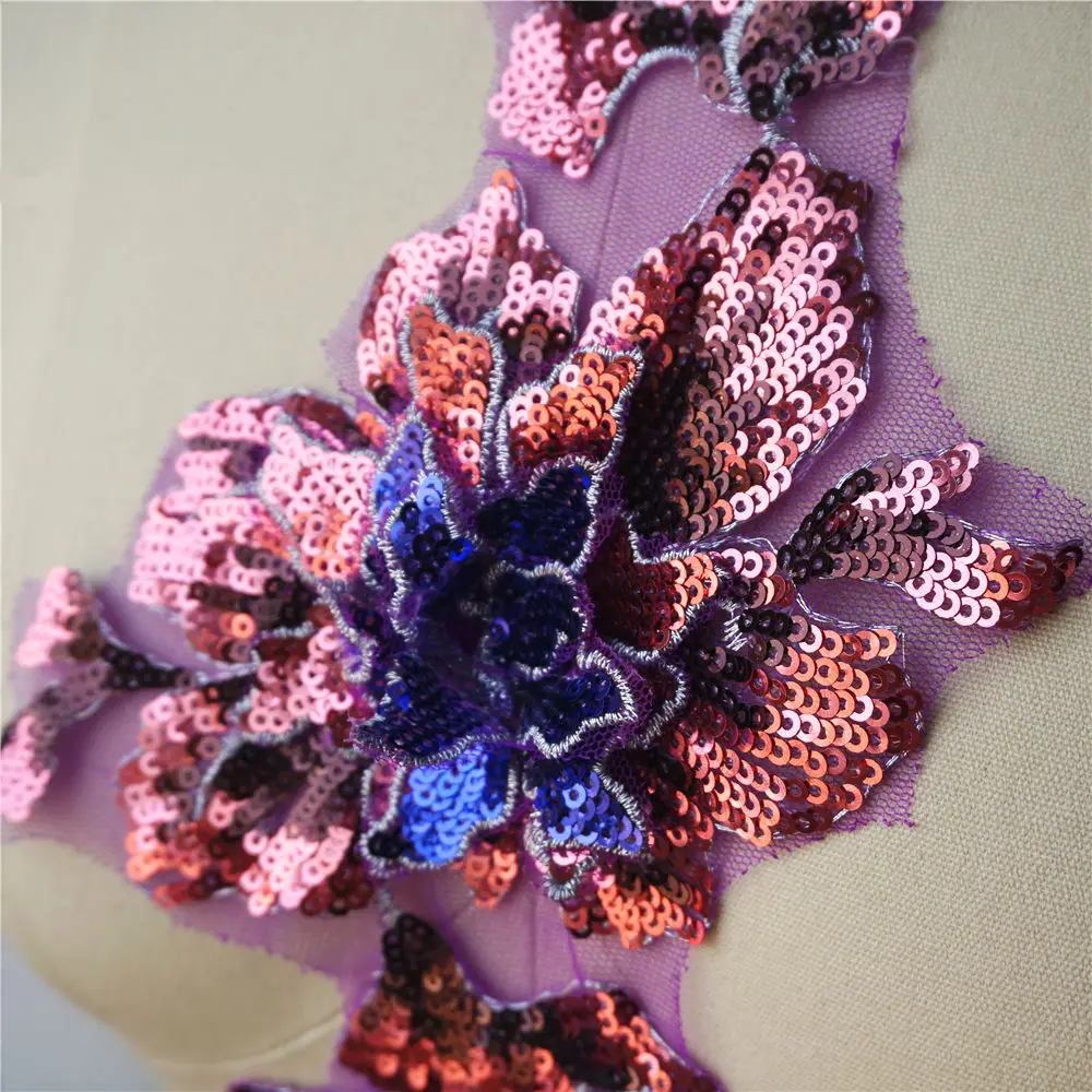 Фиолетовые блестки цветок кружевная ткань воротник вышитая аппликация для