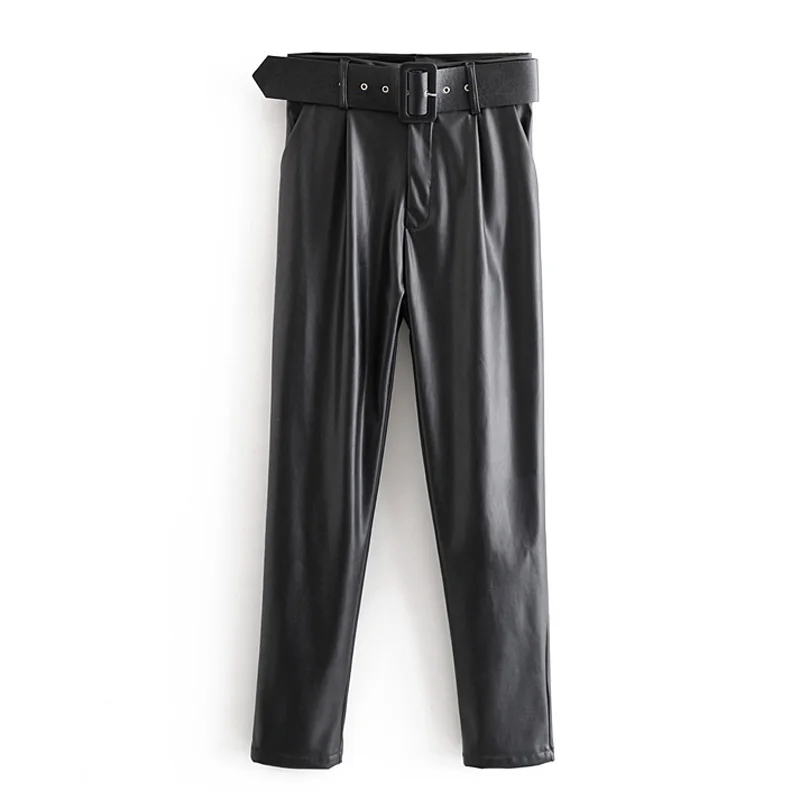AGong High Imitation Leather Tie Belt Waist Pants Women Fashion PU Leather Trousers Women Elegant Pencil Pants Female Ladies KA - Цвет: WFPA2890