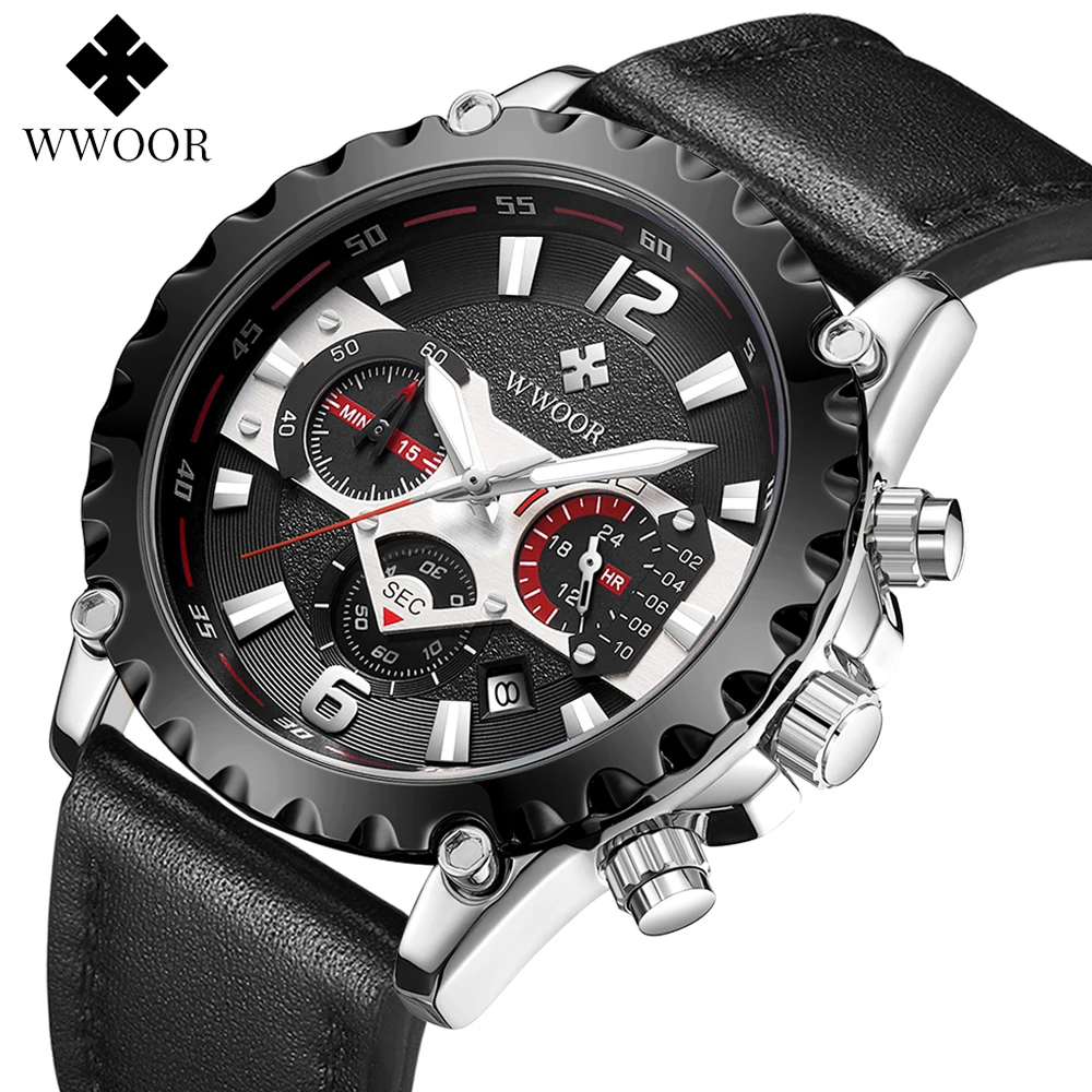

2021 Fashion Mens Leather Watches WWOOR New Top Brand Luxury Waterproof Quartz Wrist Watch Men Sports Military Chronograph Clock