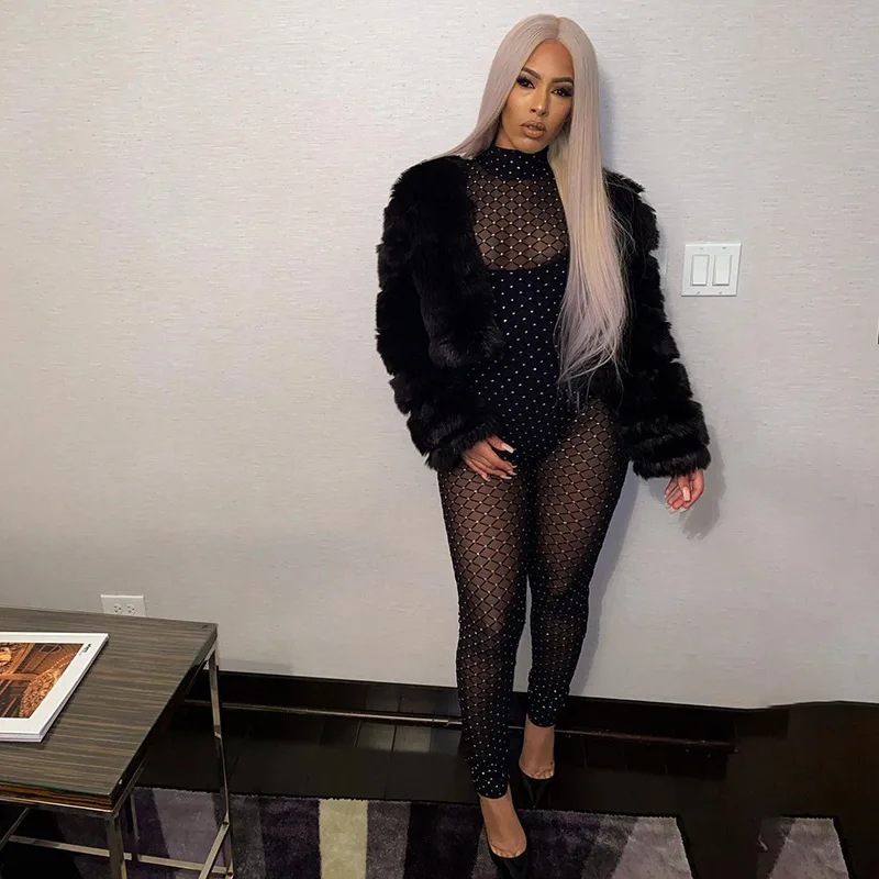

Fashion women's winter new solid color perspective hollow embellishment long-sleeved one-piece trousers