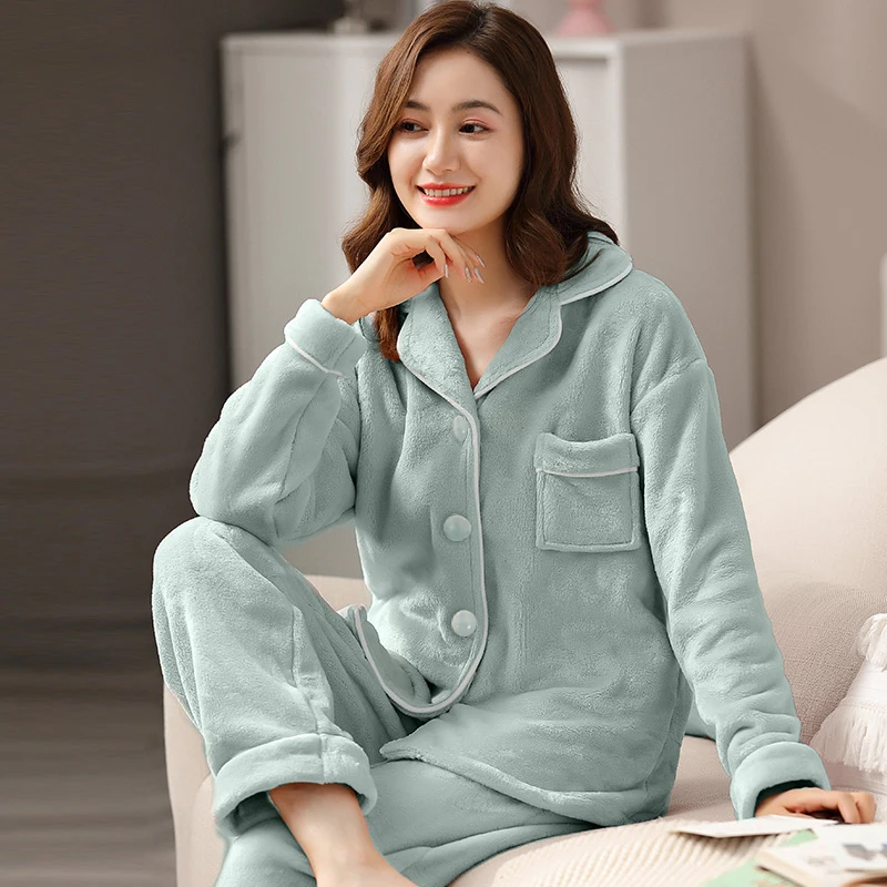 Winter Coral Fleece Pajamas Women Dormir Lounge Sleepwear for Ladies Bedroom Home Clothes Pijamas Thicken Bedgown Warm Pyjama PJ