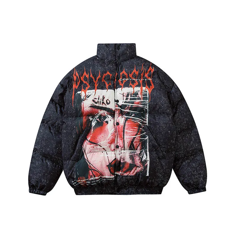 Мужской пуховик с хлопковой подкладкой теплый в стиле харакудзю принтом