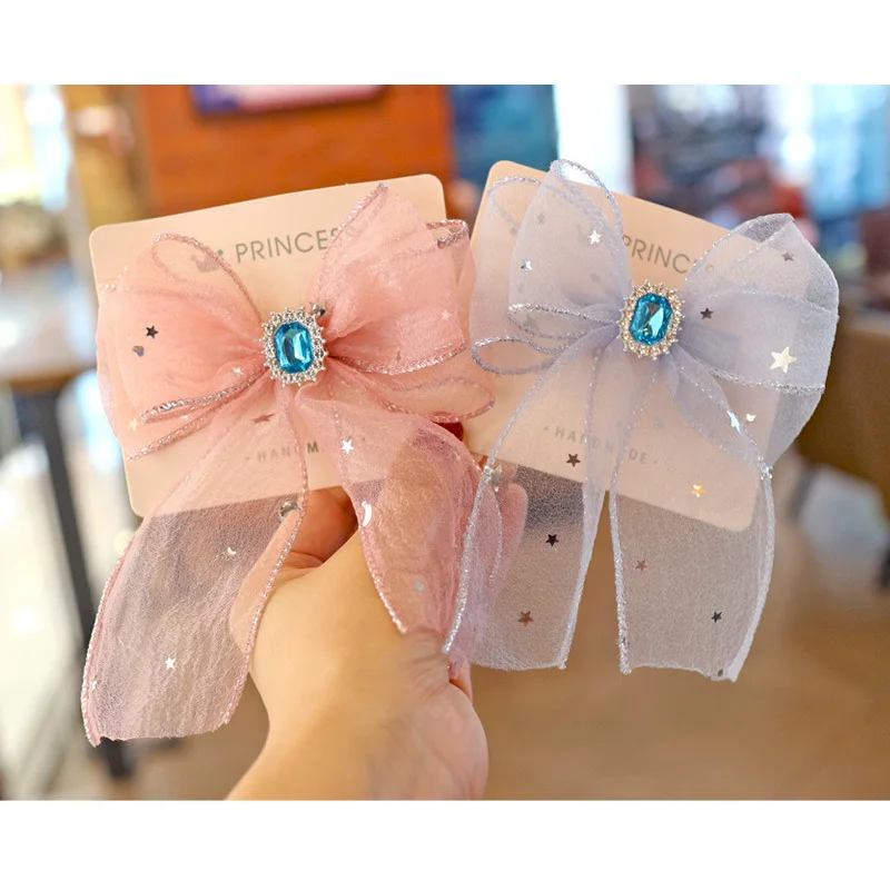 

CN Glitter Pearl Mesh Hair Bows For Girls Kids Korean Stack Rhinestones Hair Clips Diamond Bowknot Hairpins Hair Accessories