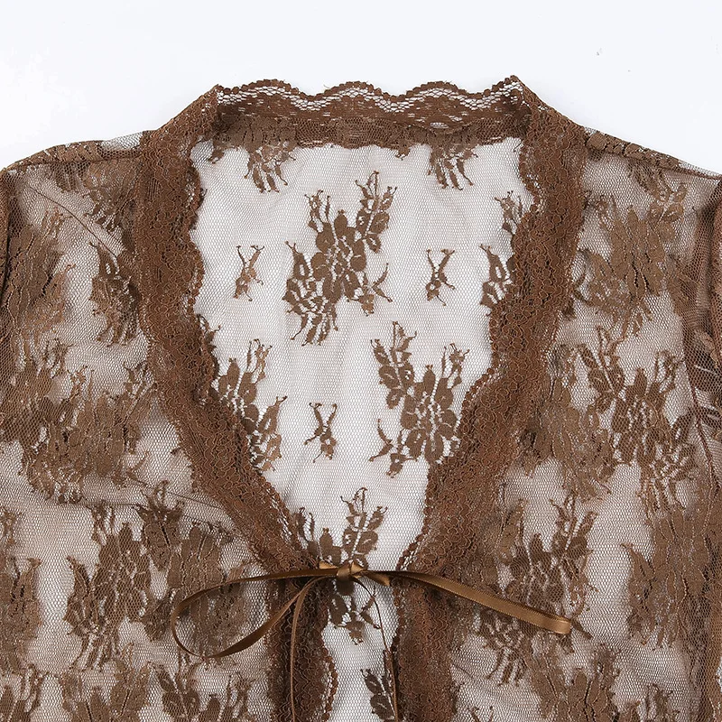 

Lace Tshirt Women Brown Floral Transparent Cropped Sexy Tshirt Short Sleeve Fashion Streetwear Girls Frill Mesh Party Tee Shirt