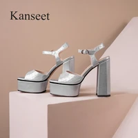 kanseet womens shoes summer new silver genuine leather platform thick high heels shoes sexy party office ladies woman sandals