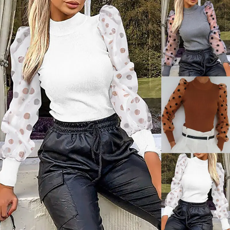 

Боди женское осеннее, Сетчатое, в горошек, с пышными рукавами