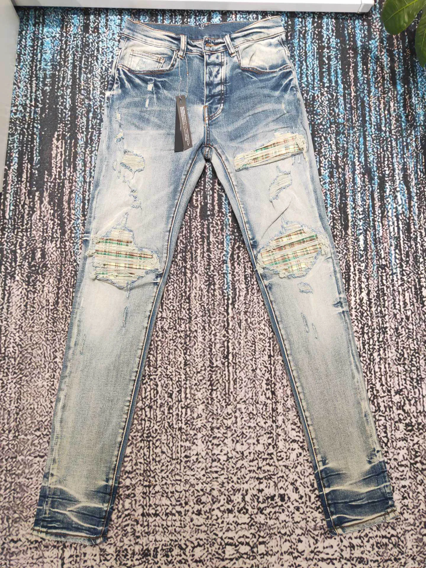 men plaid patch distressed jeans