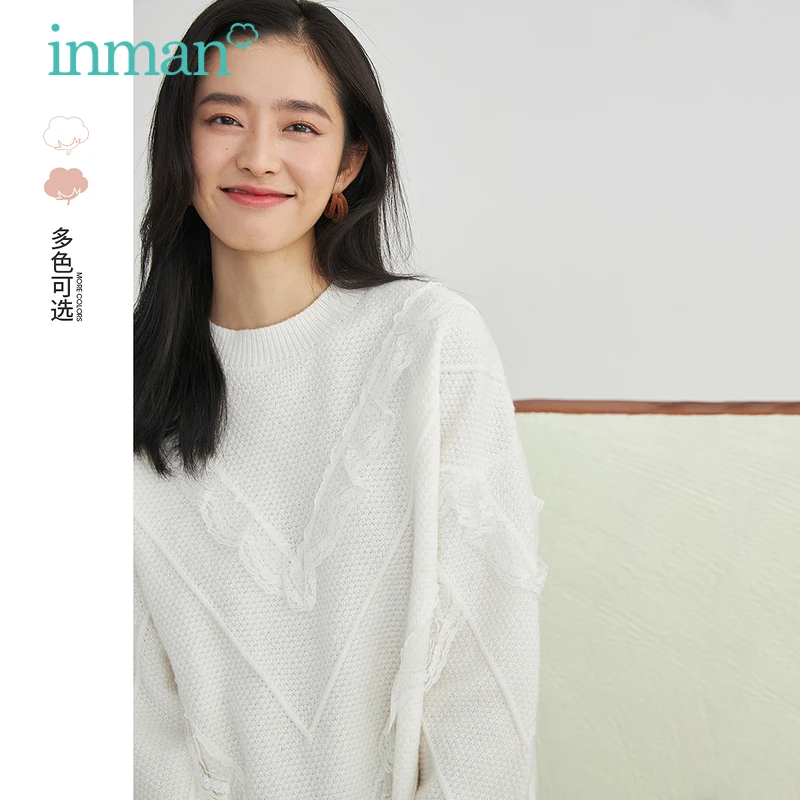 

INMAN Women's Sweater Autumn Winter Casual Sweet Elegant Lace Stitching Round Collar Loose All-Match Knitted Pullover Top