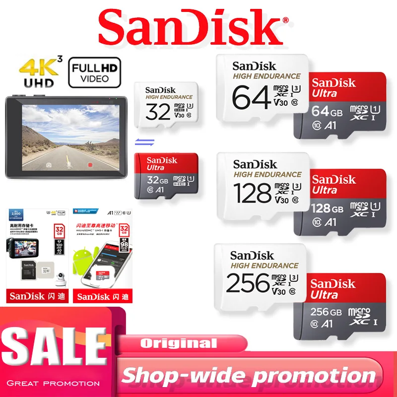 SanDisk видео мониторинг выносливость 32 Гб 64 microSDHC 256 ГБ SDSDQQ 128 4 к V30 класс 10 для MicroSDXC
