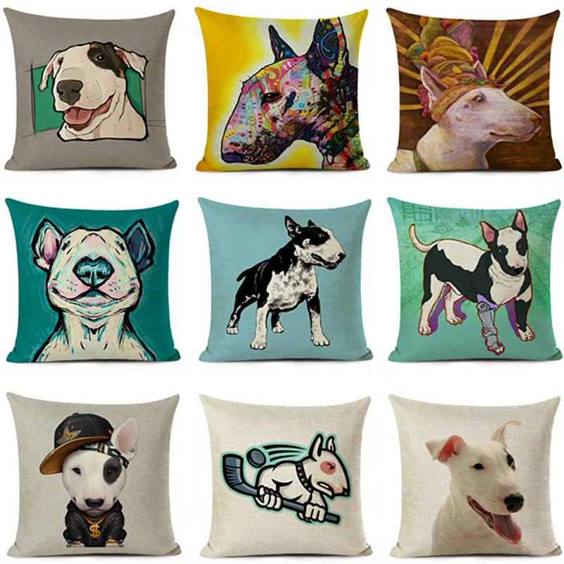 

Bull Terrier Cushion Cover Cute Dog Printed Pillow Cover Car Sofa Decorative Linen Pillowcase Home Decor Pillow Case 45x45cm