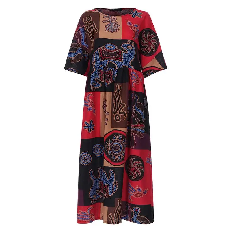 Wine Red ZANZEA, женское пляжное богемное платье, лето, 5XL размера плюс, женская одежда, короткий рукав, багги, кафтан, Длинное Макси платье, сарафан - Цвет: Wine Red
