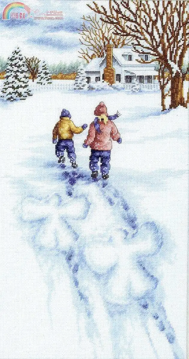 

MM Lovely cross stitch kits Counted Cross Stitch Kit Snow Angels Two Kids Skating Skate Play on Snow Winter Go Home dim 13717