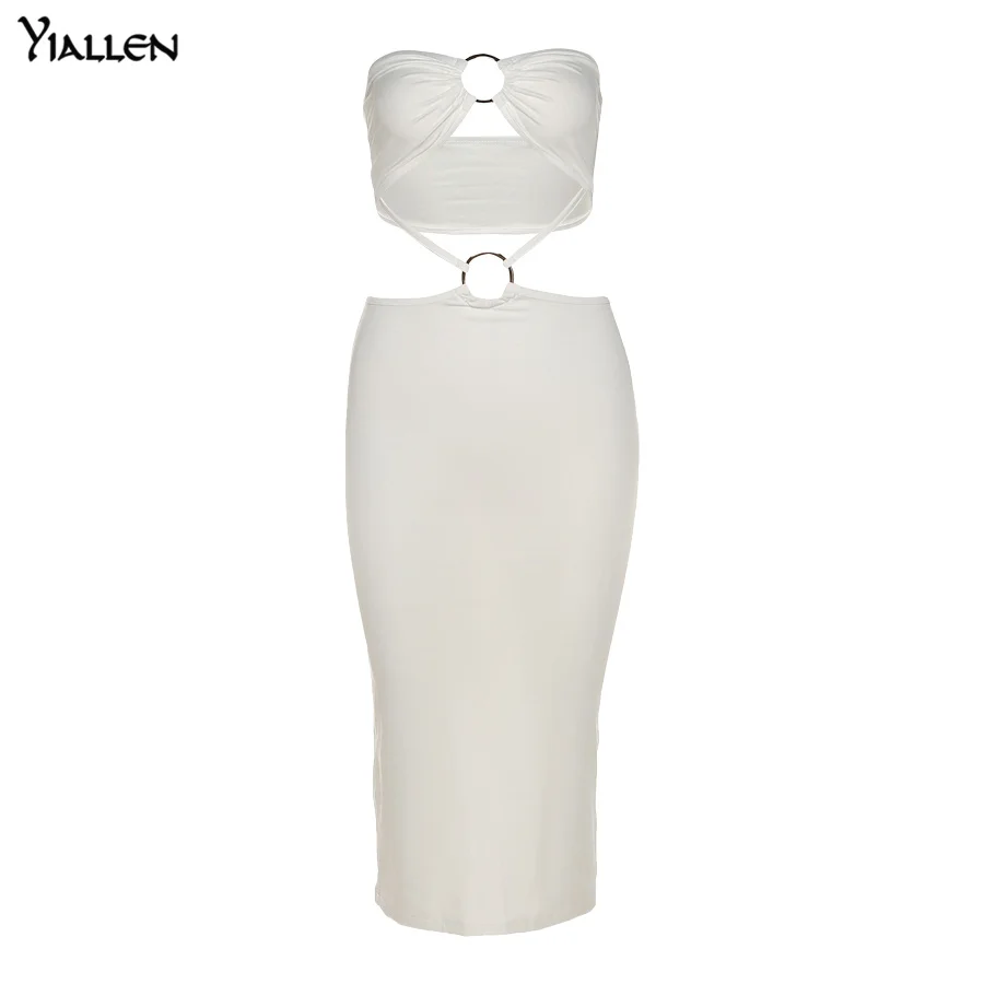 

Yiallen Summer Sexy Cut Out Tube Top Bodycon Mini Dress Trend Waistless Sleeveless Backless Skinny Split Stretchy Solid Dress
