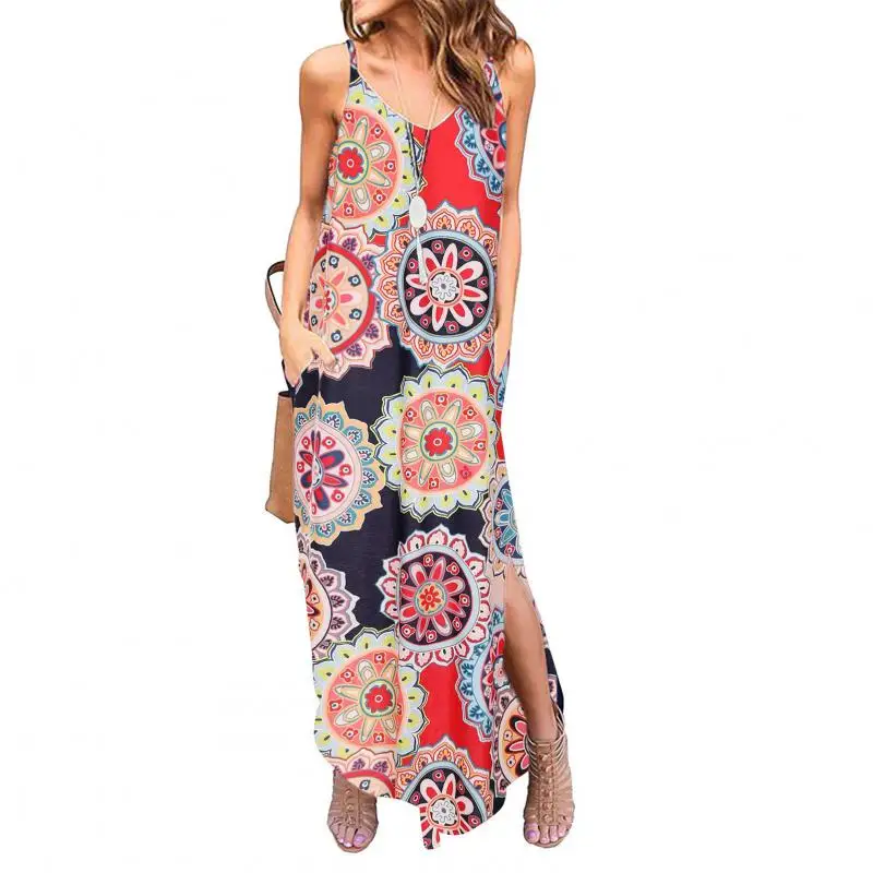 

HIAMAITONG 2021 New Sexy Women Maxi Dress Bohemia Floral Print Loose Sleeveless Dresses V-neck Sling Long Black Party Dress