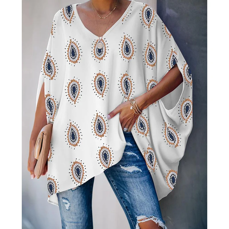 

2021 Summer Fashion Top V-Neck T-Shirts Ladies Casual Bat Sleeve Tie-Dye Printed T-Shirt Female Pure Color Top Tie-dye Pullover