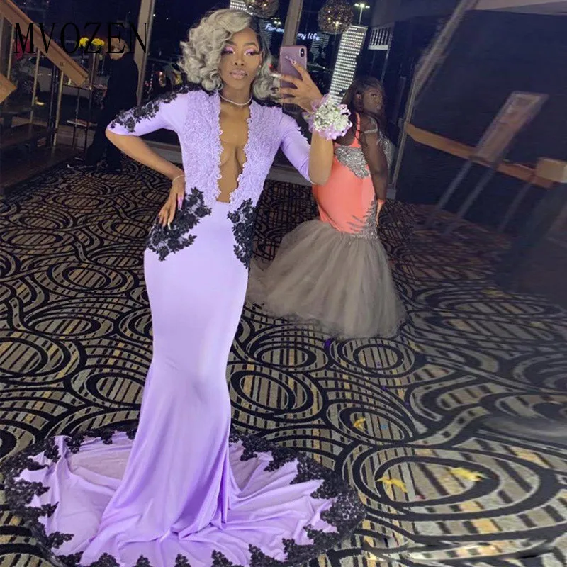 

Vestidos Mermaid Evening Dresses Long Purple Half Sleeve Black Appliques Satin Special Occasion Dress Backless Formal Gowns