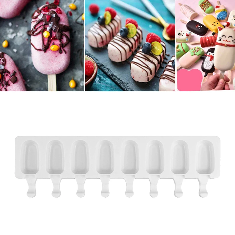

8 Hole Silicone Ice Cream Mould Ice Cube Tray Diy Mold Dessert Ice Cream Mold With 20 Popsicle Stick Kitchen Cake Tools YDHS