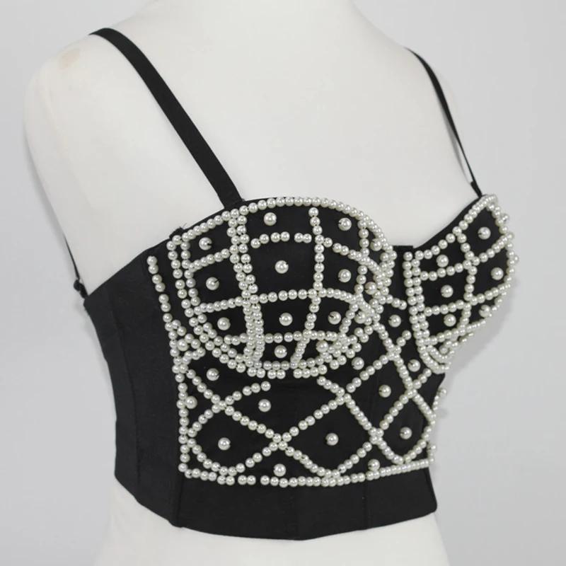 

Cupnaya Pearls Embroidery Women Stretch Sexy Crop Top Spaghatti Strap Clubwear Bustier Tube Cami Short Corset Bralette BJ115