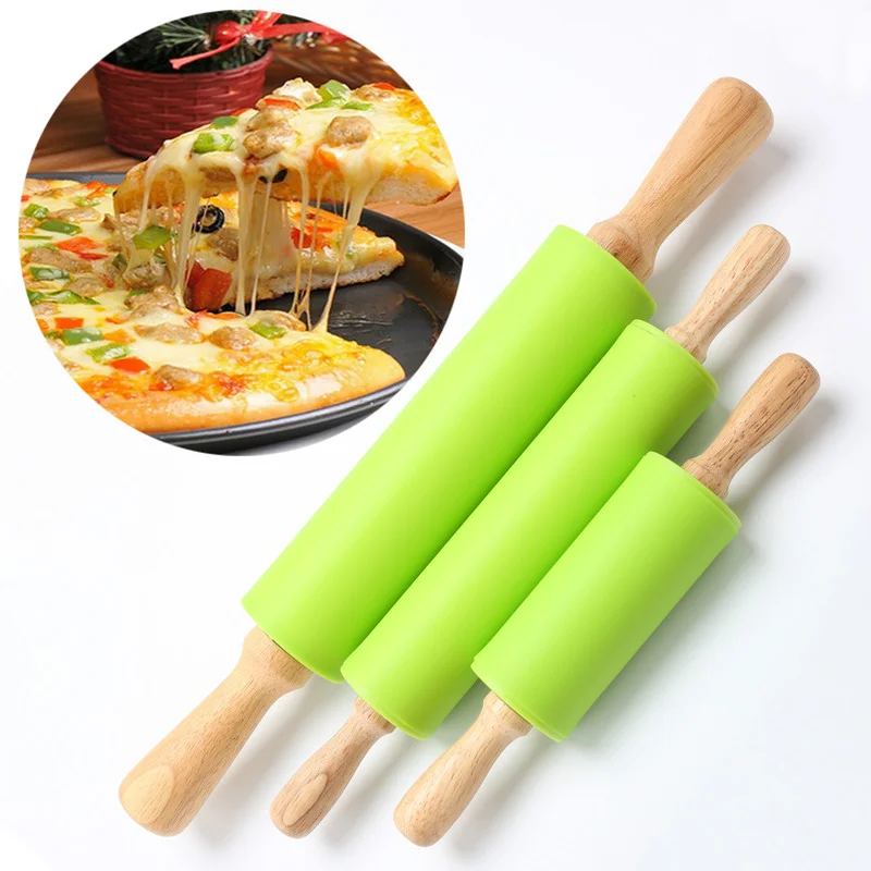 

Non-Stick Silicone Rolling Pin Wooden Handle Pastry Dough Flour Roller Kitchen Cooking Baking Tool For Pasta Cookie Dough