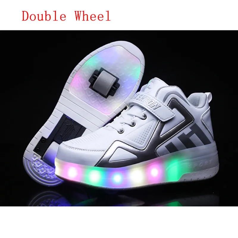 Two-Wheel White HYFMWZS/ г. Модные двухколесный светодиодный Heelys обувь дышащая детская обувь съемные детские тонкие Ролики 30-40 - Цвет: Two-Wheel White